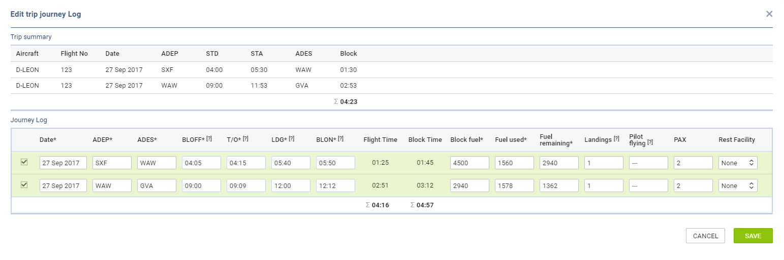 Journey Log - entire trip post-flight data