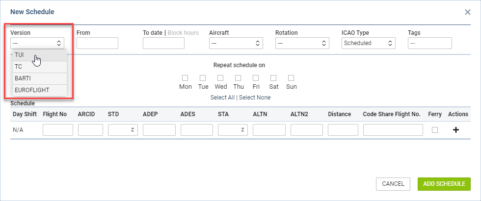 Versions select in the New Schedule