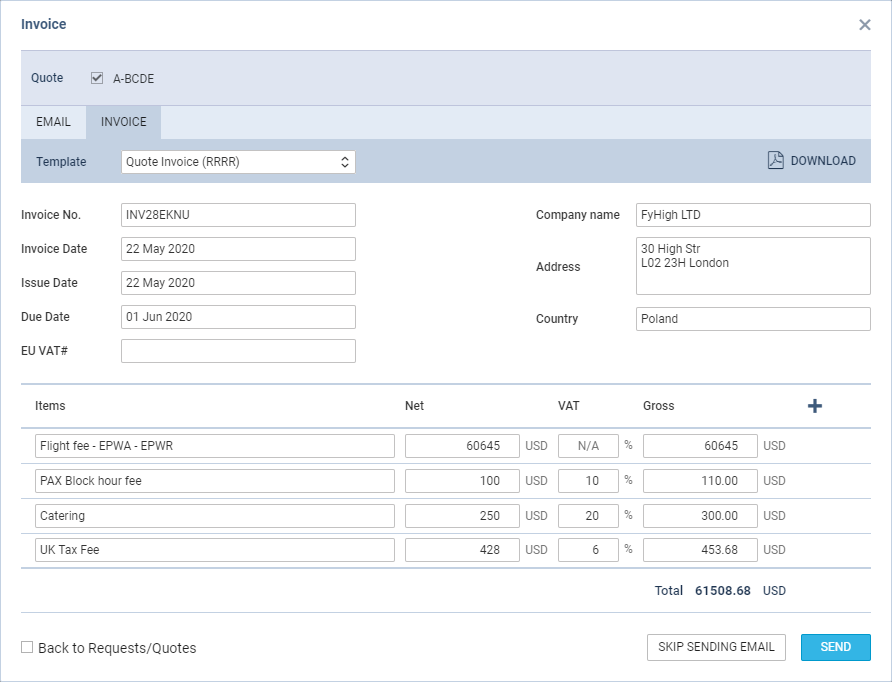 Defining an Invoice details & templates