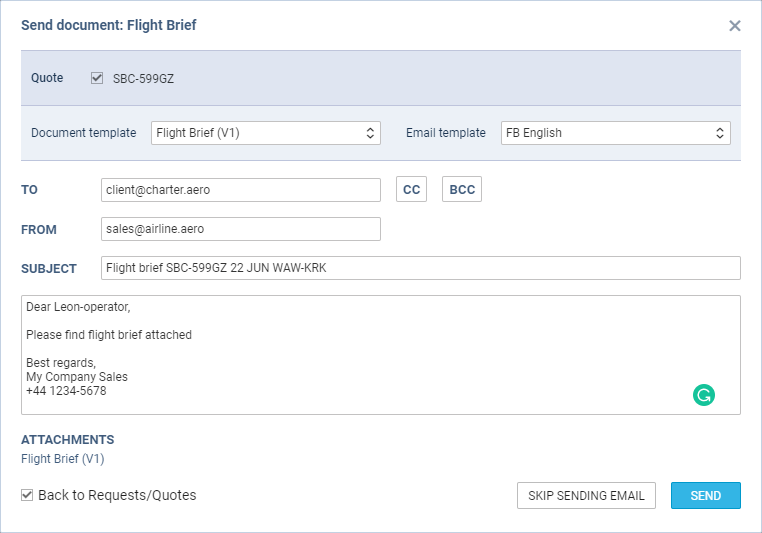 Sending Flight Brief to the client