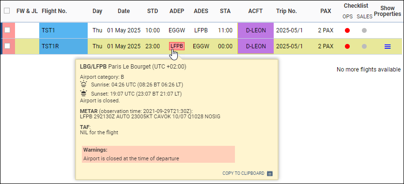 ' Example of Airport Opening Hours warning in OPS