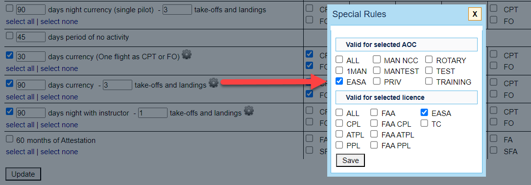 Crew Currency Special Rules configuration