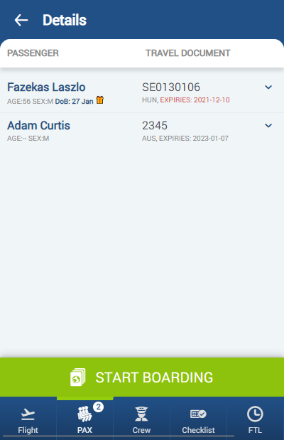 Pax list in Leon mobile application