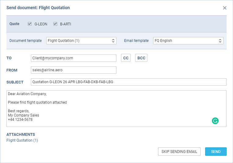 Quotation email for two aircraft