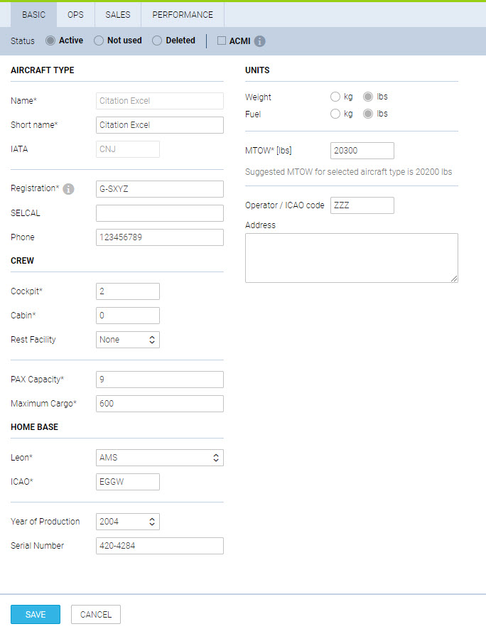 Aircraft data editing panel