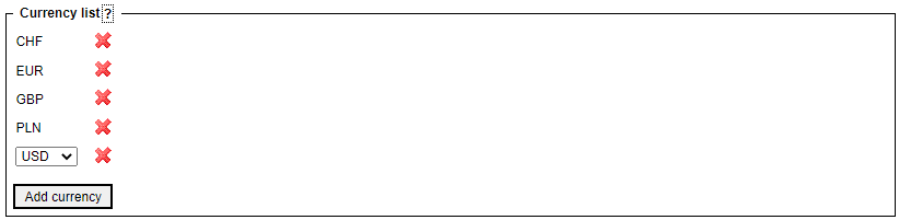 'Currency list'