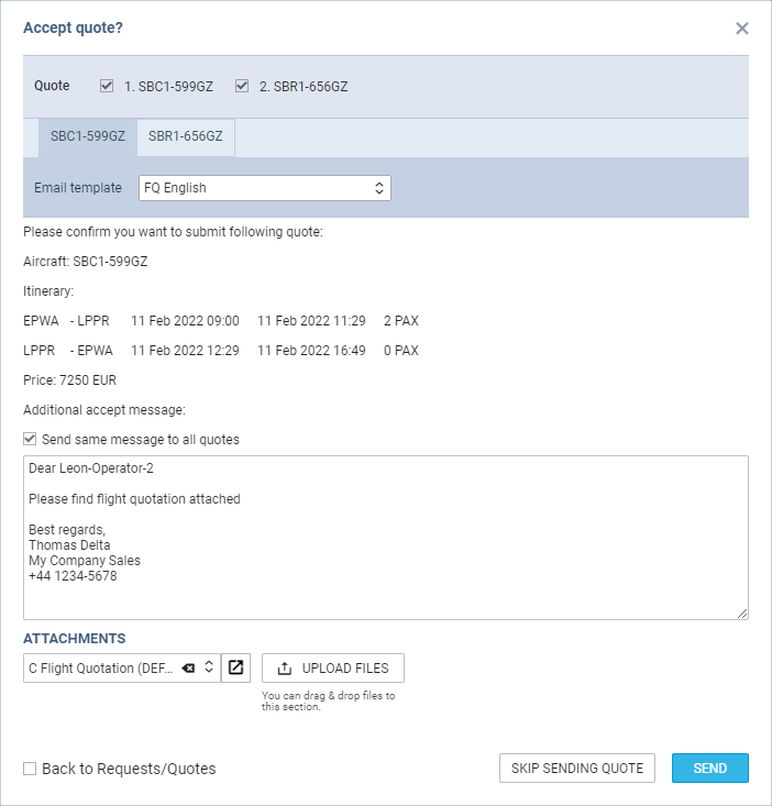 Option to send acceptance to Avinode