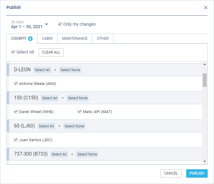 'Publish' roster window