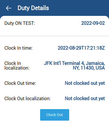 Duty details after clocking in, before clocking out