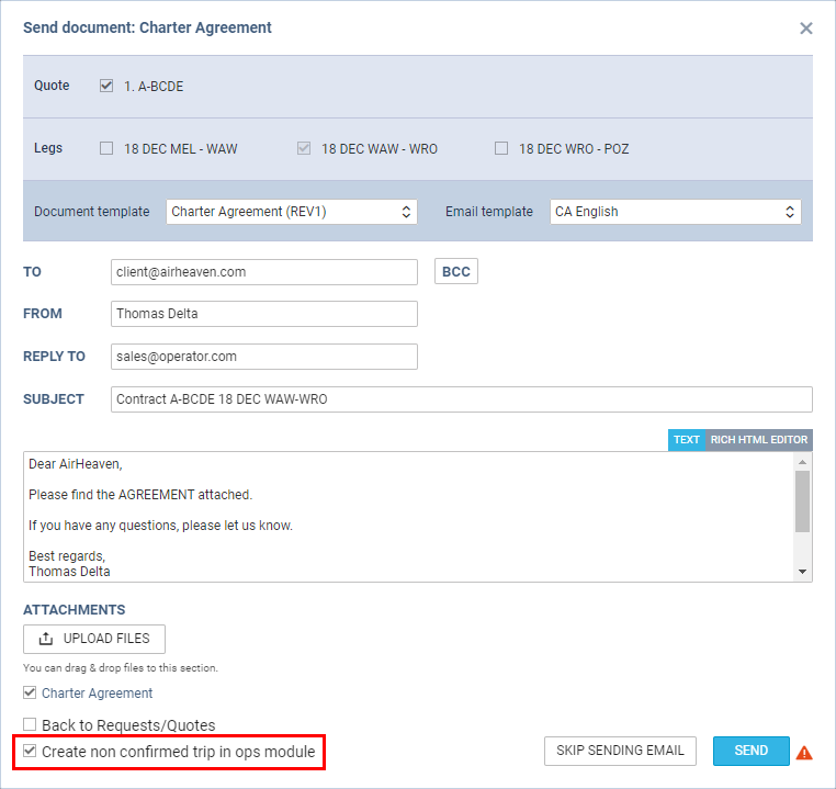 'Create non-confirmed trip in OPS module' option