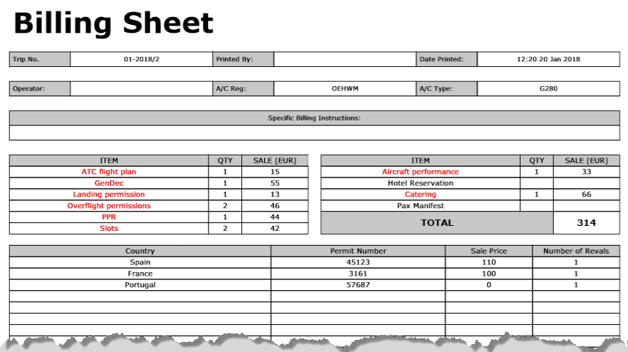 Billing Sheet - document sent to clients with completed services